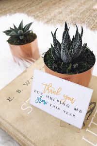 Any educator will love being presented with this sweet "Thanks For Helping Me Grow" Teacher Gift. Find succulents at any local garden center, and print out this gift tag for something quick and easy! >>> atkinsondrive.com